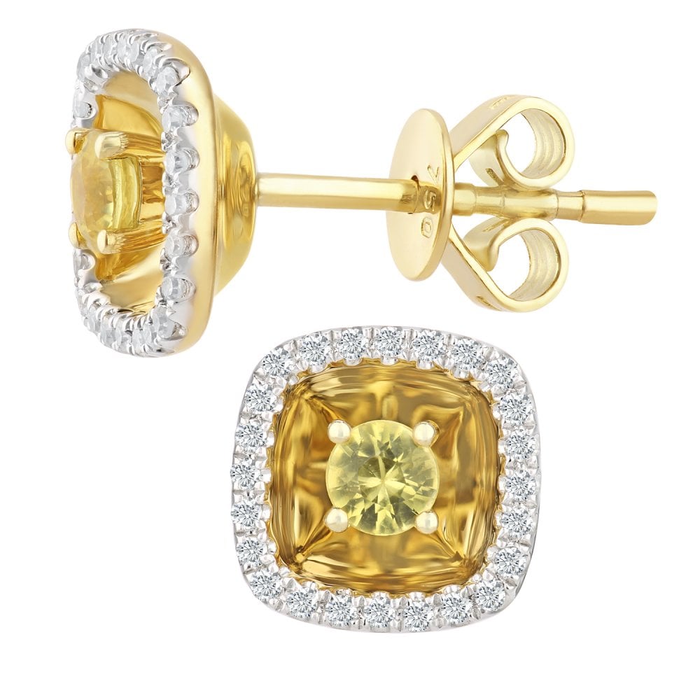 SPARKLD 18ct Yellow Gold Sapphire and 0.10ct Diamond Halo Stud Earrings