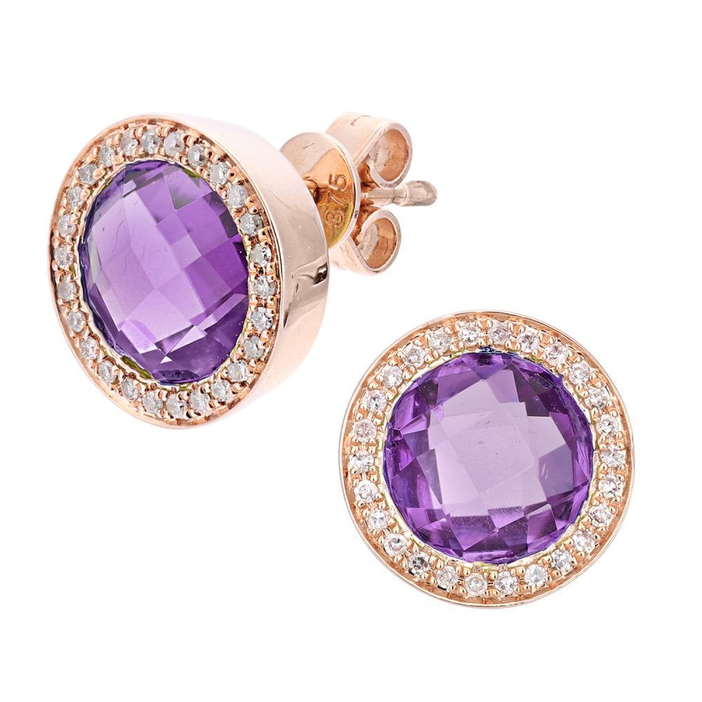 SPARKLD 9ct Rose Gold Amethyst and 0.15ct Diamond Stud Earrings