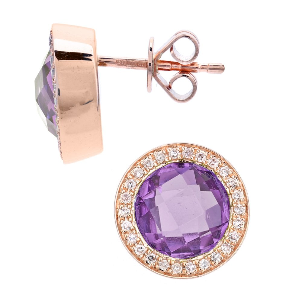 SPARKLD 9ct Rose Gold Amethyst and 0.15ct Diamond Stud Earrings