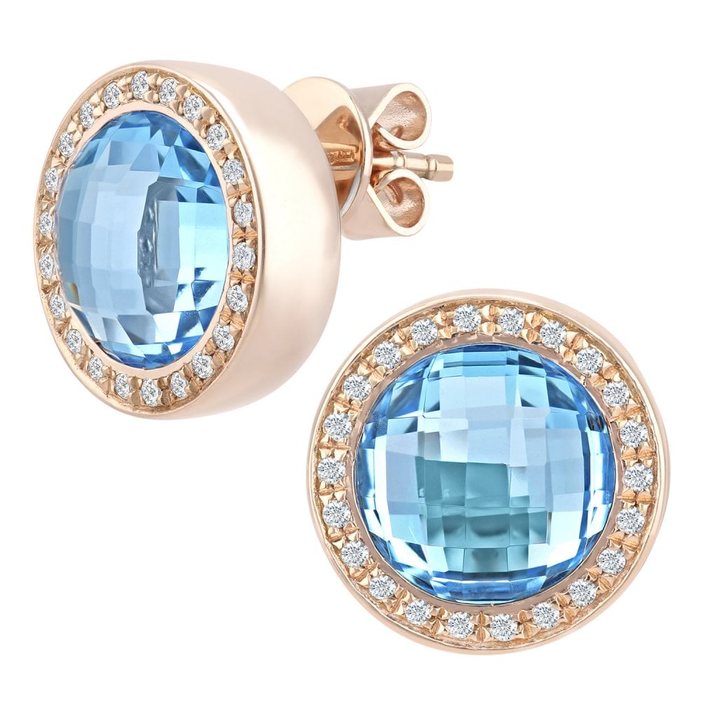 SPARKLD 9ct Rose Gold Blue Topaz and 0.15ct Diamond Stud Earrings