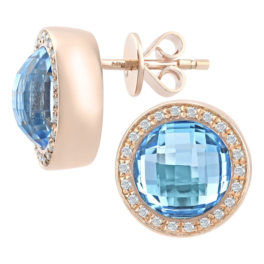 SPARKLD 9ct Rose Gold Blue Topaz and 0.15ct Diamond Stud Earrings
