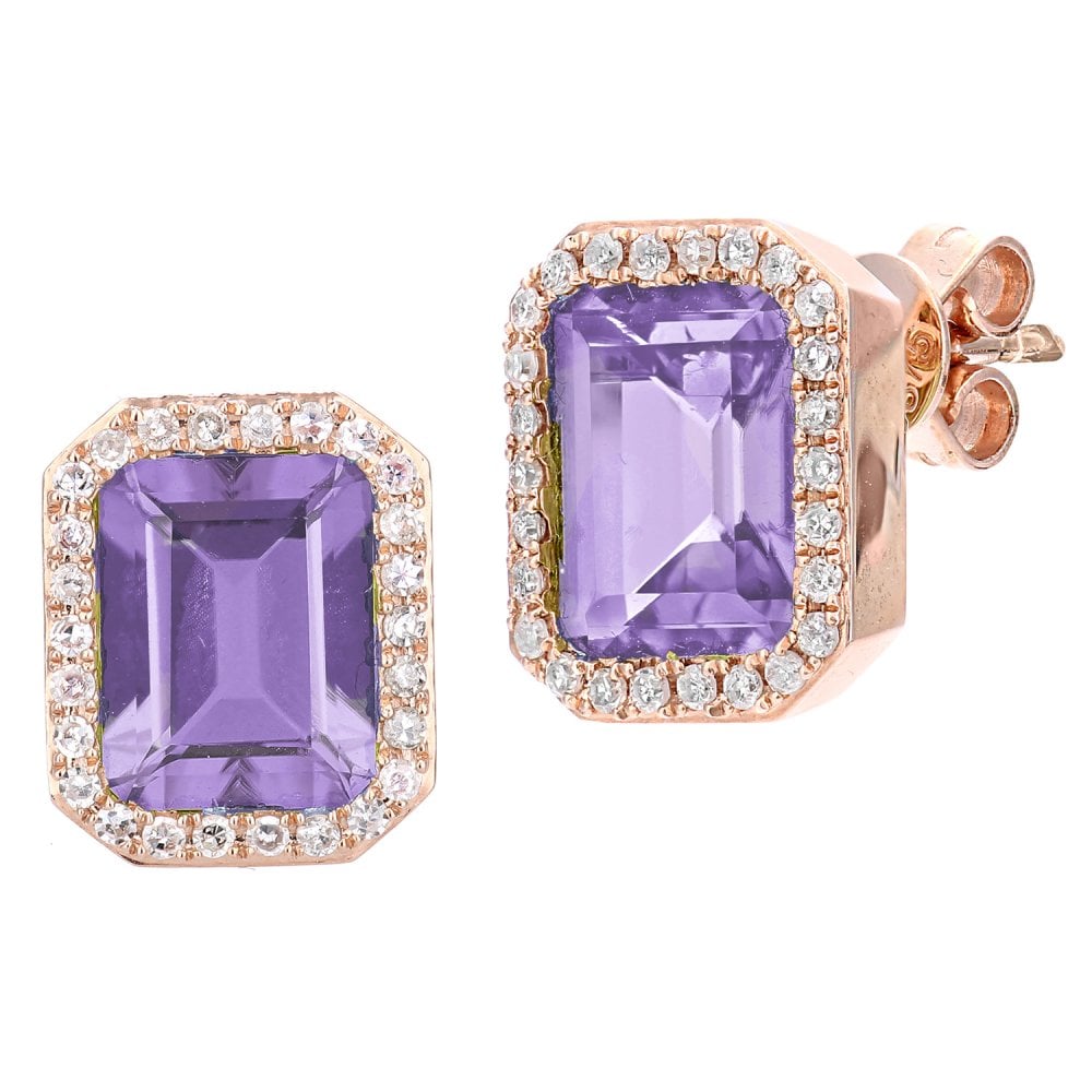 SPARKLD 9ct Rose Gold Octagon Amethyst and 0.30ct Diamond Stud Earrings
