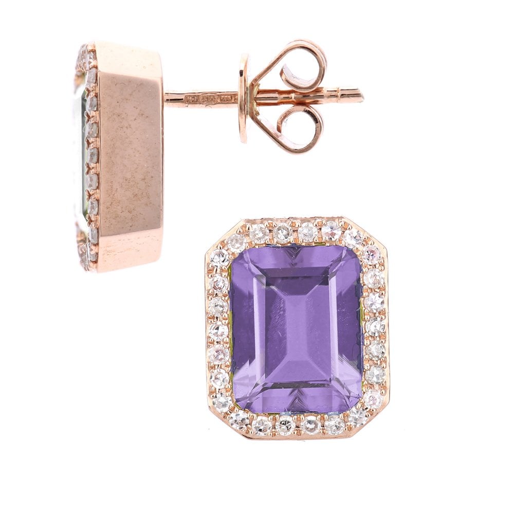 SPARKLD 9ct Rose Gold Octagon Amethyst and 0.30ct Diamond Stud Earrings