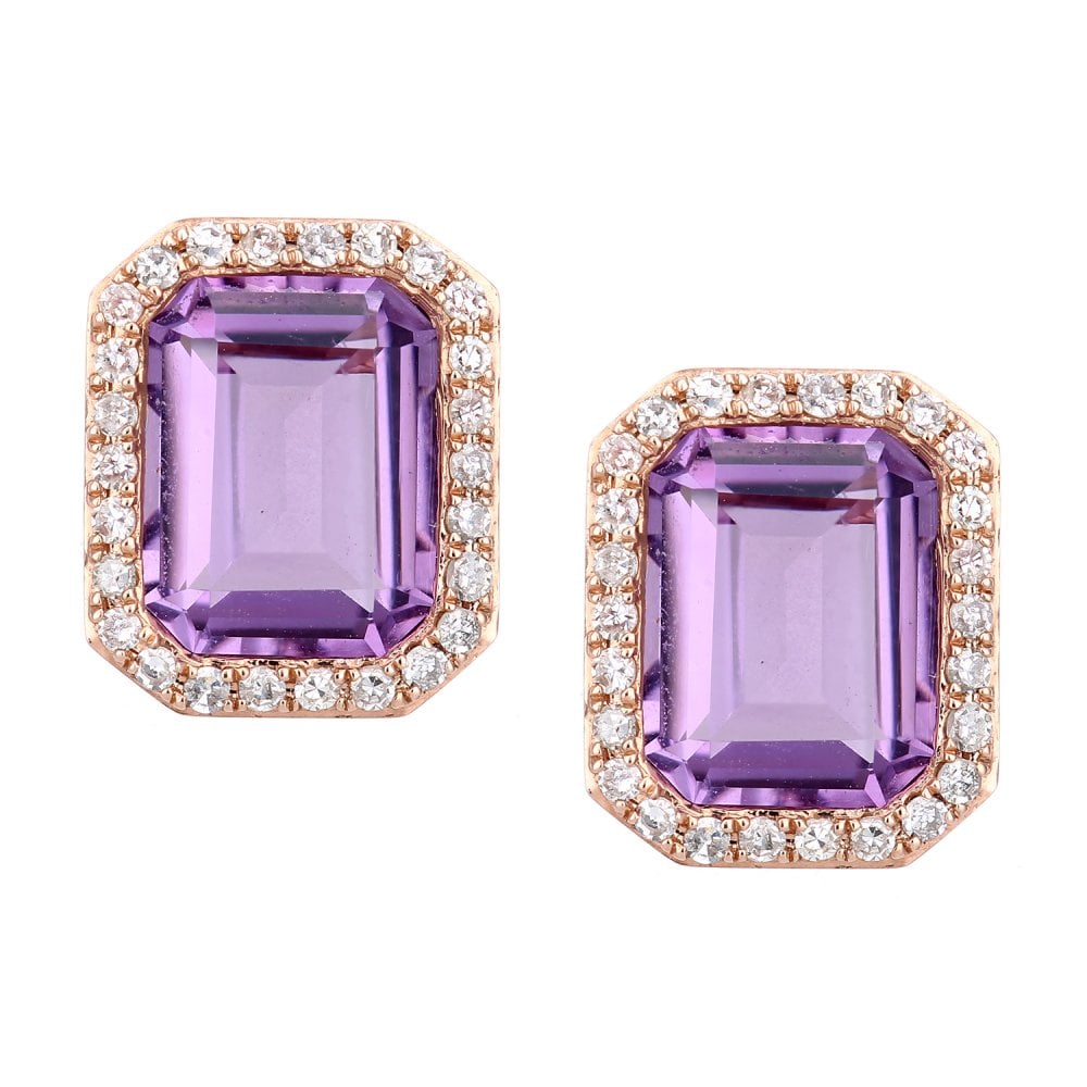 SPARKLD 9ct Rose Gold Octagon Amethyst and 0.30ct Diamond Stud Earrings