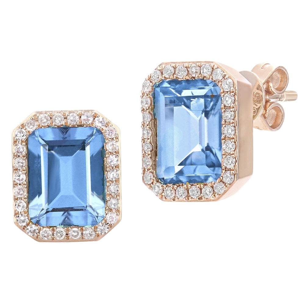 SPARKLD 9ct Rose Gold Octagon Blue Topaz and 0.30ct Diamond Stud Earrings