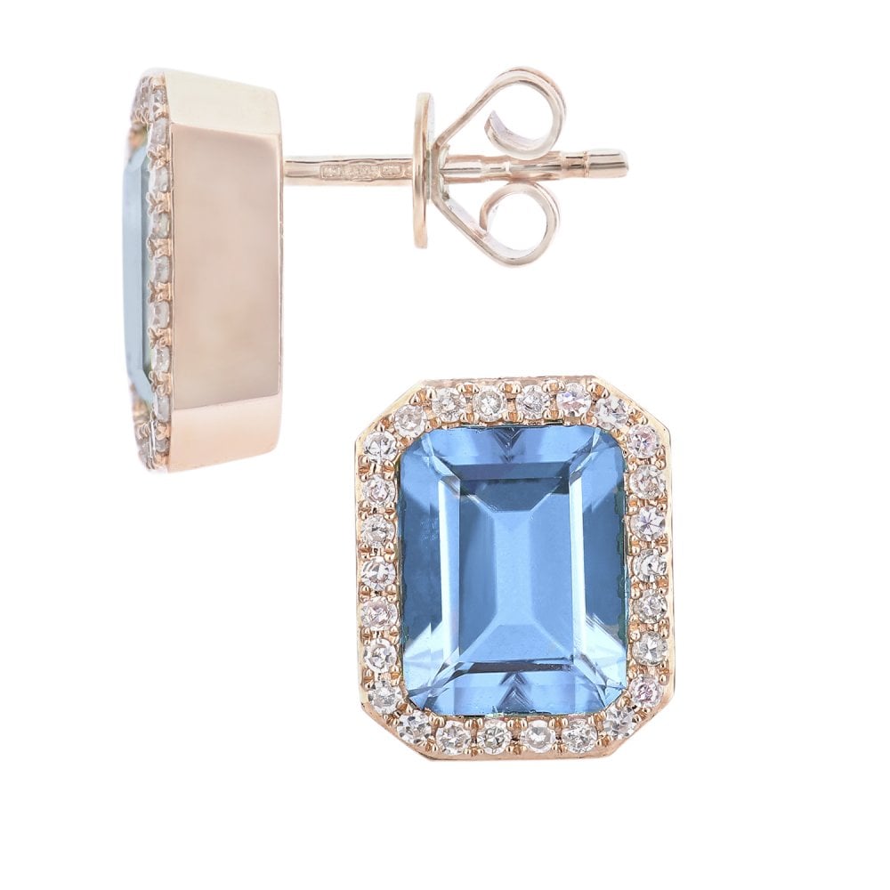 SPARKLD 9ct Rose Gold Octagon Blue Topaz and 0.30ct Diamond Stud Earrings