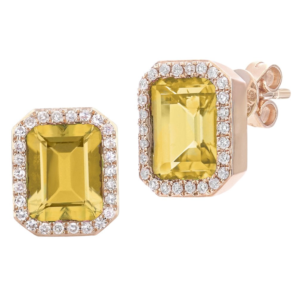 SPARKLD 9ct Rose Gold Octagon Citrine and 0.30ct Diamond Stud Earrings
