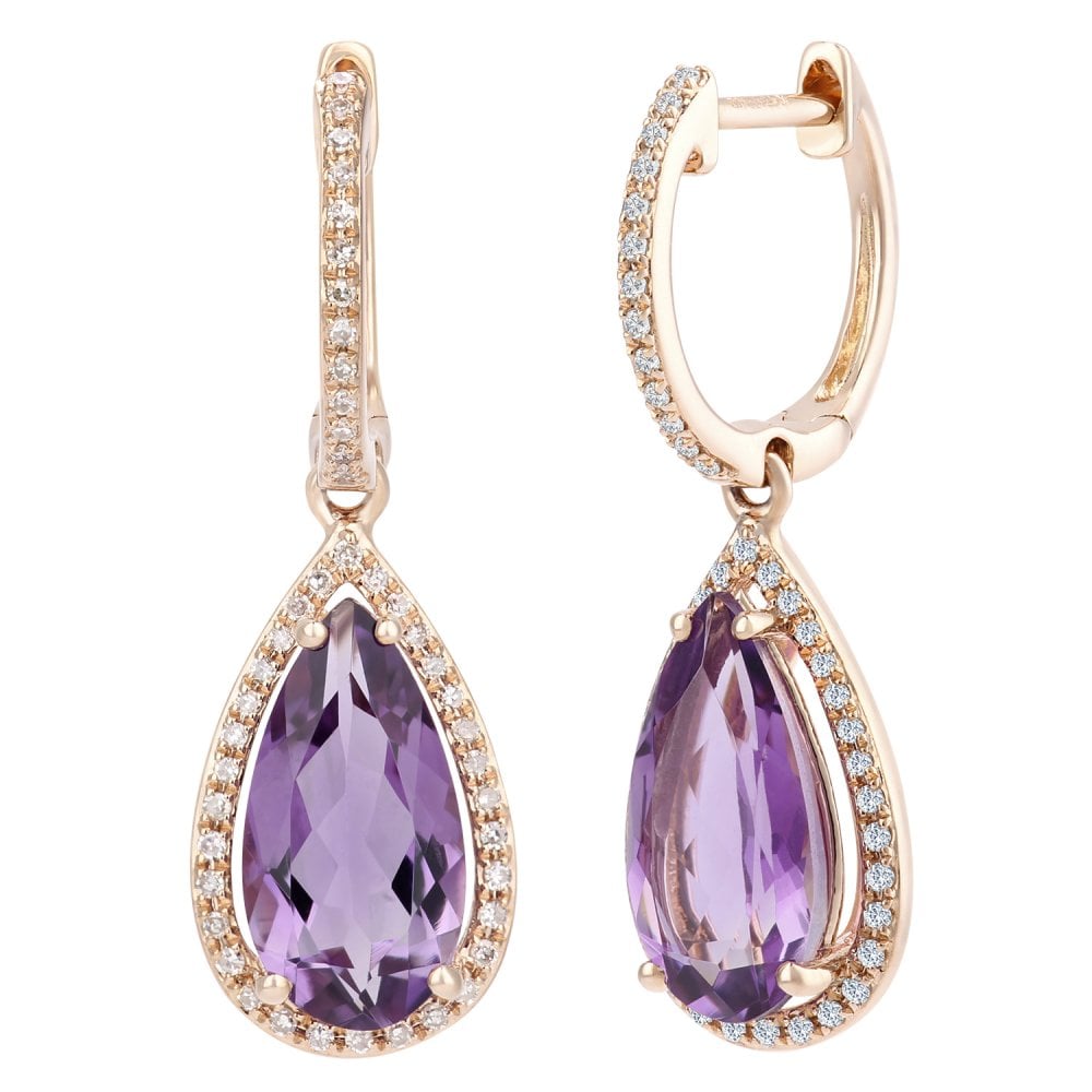 SPARKLD 9ct Rose Gold Pear Amethyst and 0.20ct Diamond Drop Earrings