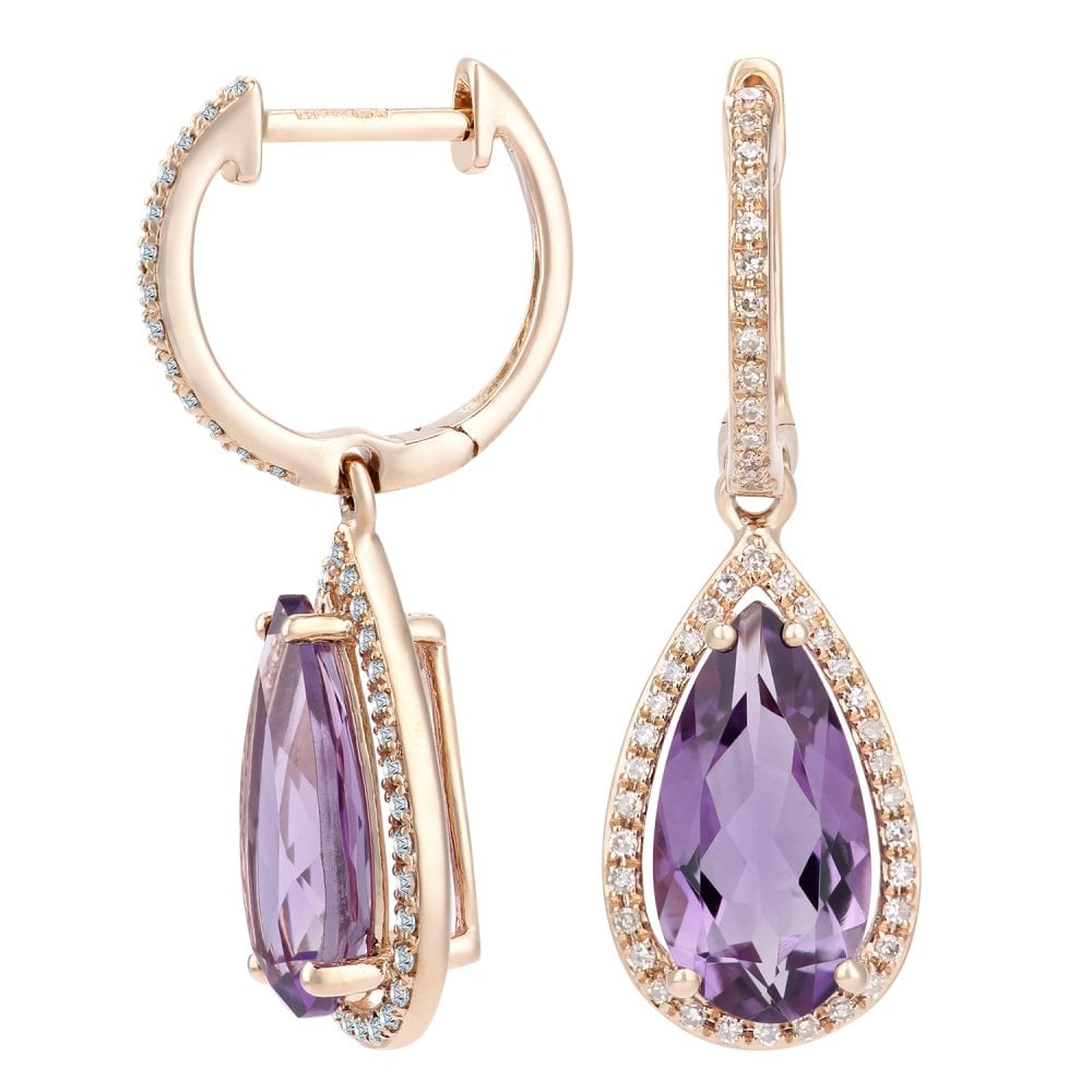 SPARKLD 9ct Rose Gold Pear Amethyst and 0.20ct Diamond Drop Earrings
