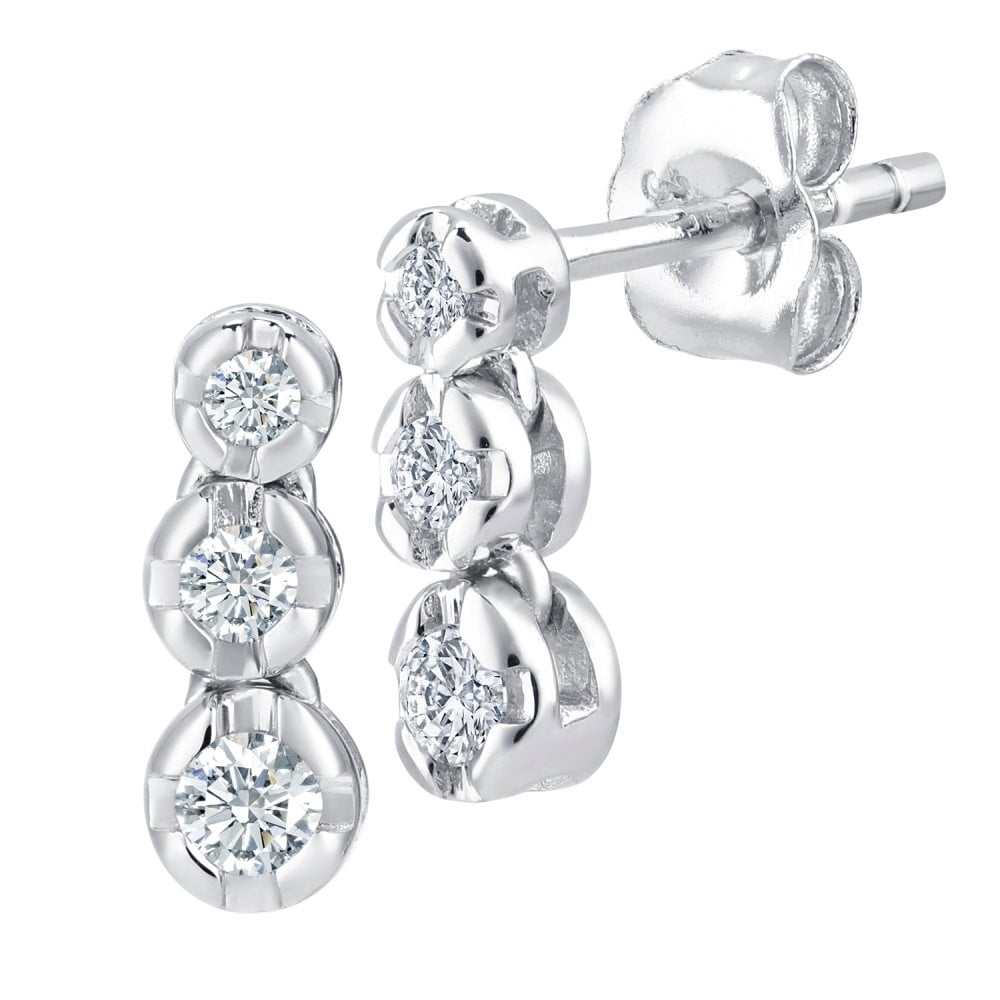 SPARKLD 9ct White Gold 0.15ct Diamond Trilogy Drop Earrings