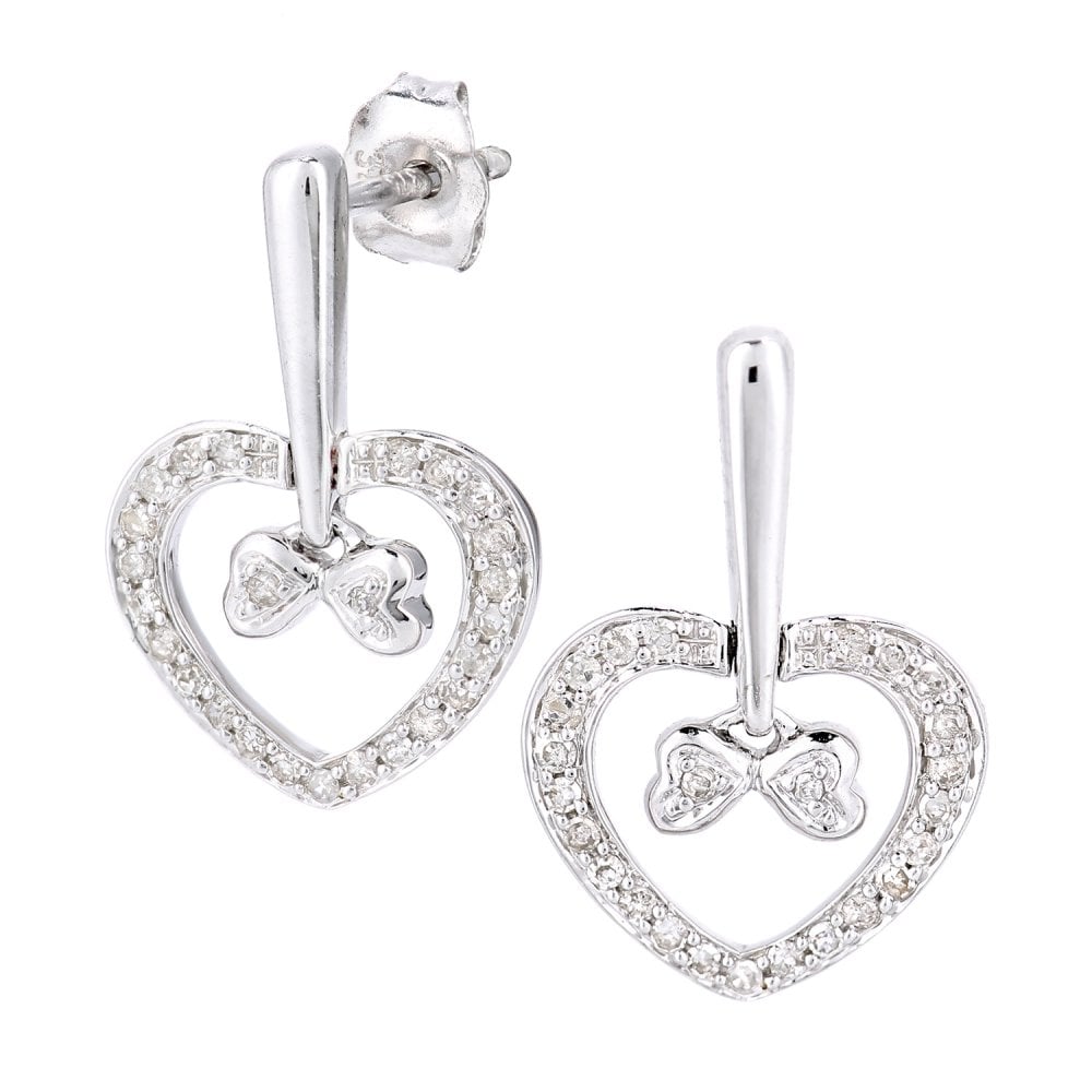 SPARKLD 9ct White Gold 0.20ct Diamond Heart Drop Earrings