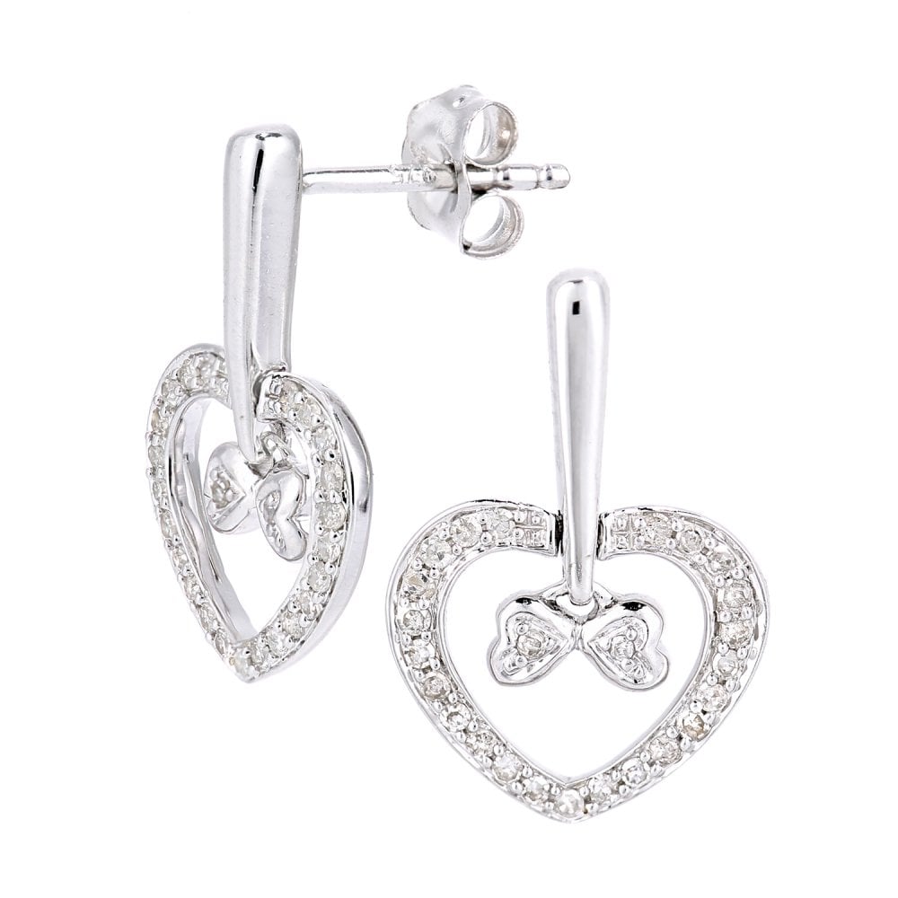 SPARKLD 9ct White Gold 0.20ct Diamond Heart Drop Earrings