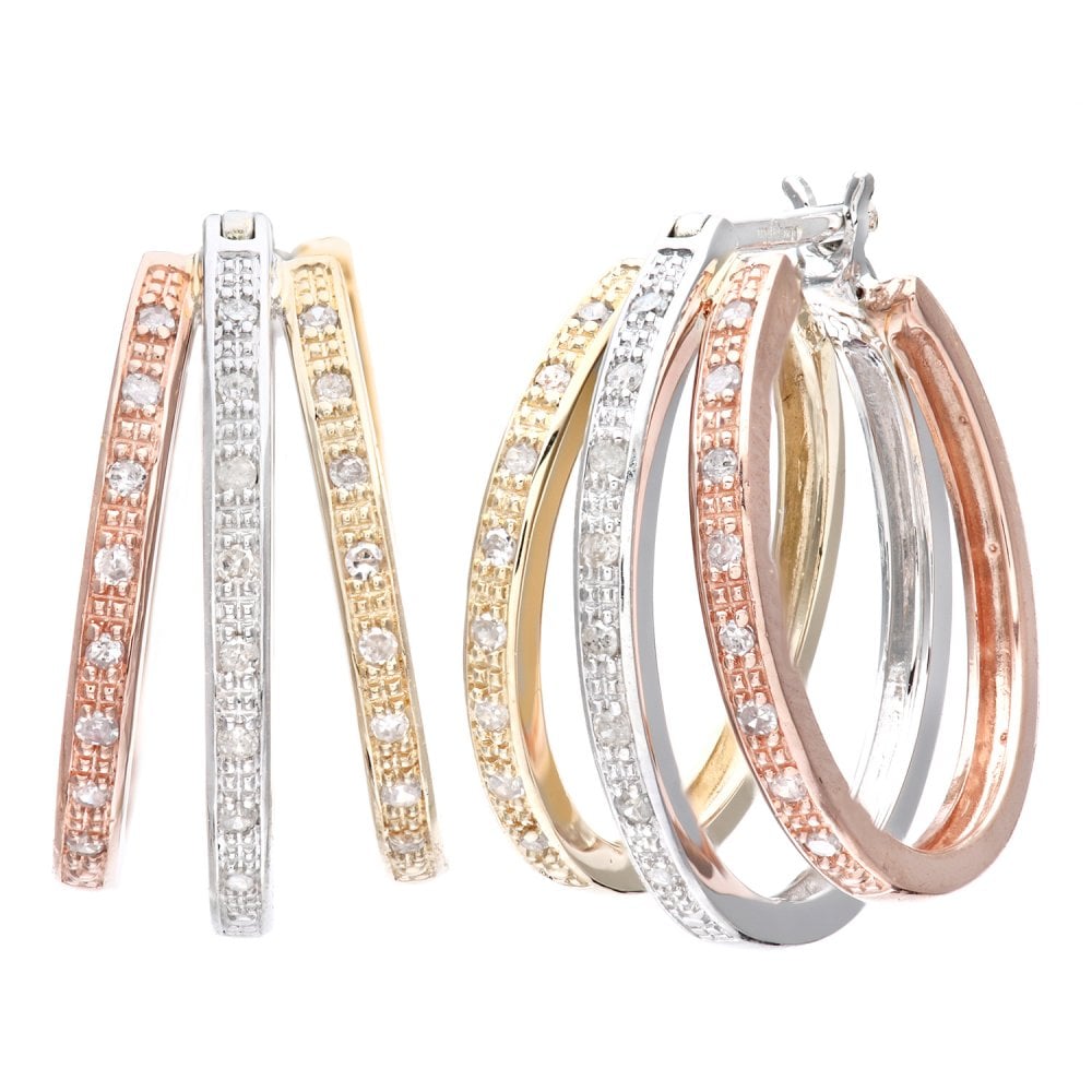 SPARKLD 9ct 3 Colour Gold 0.20ct Diamond Hoops
