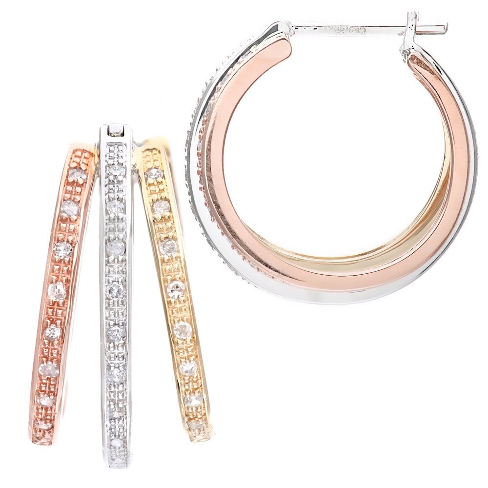 SPARKLD 9ct 3 Colour Gold 0.20ct Diamond Hoops
