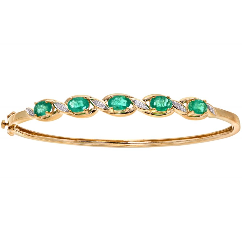 SPARKLD 9ct Yellow Gold Oval Emerald and 0.05ct Diamond Bangle