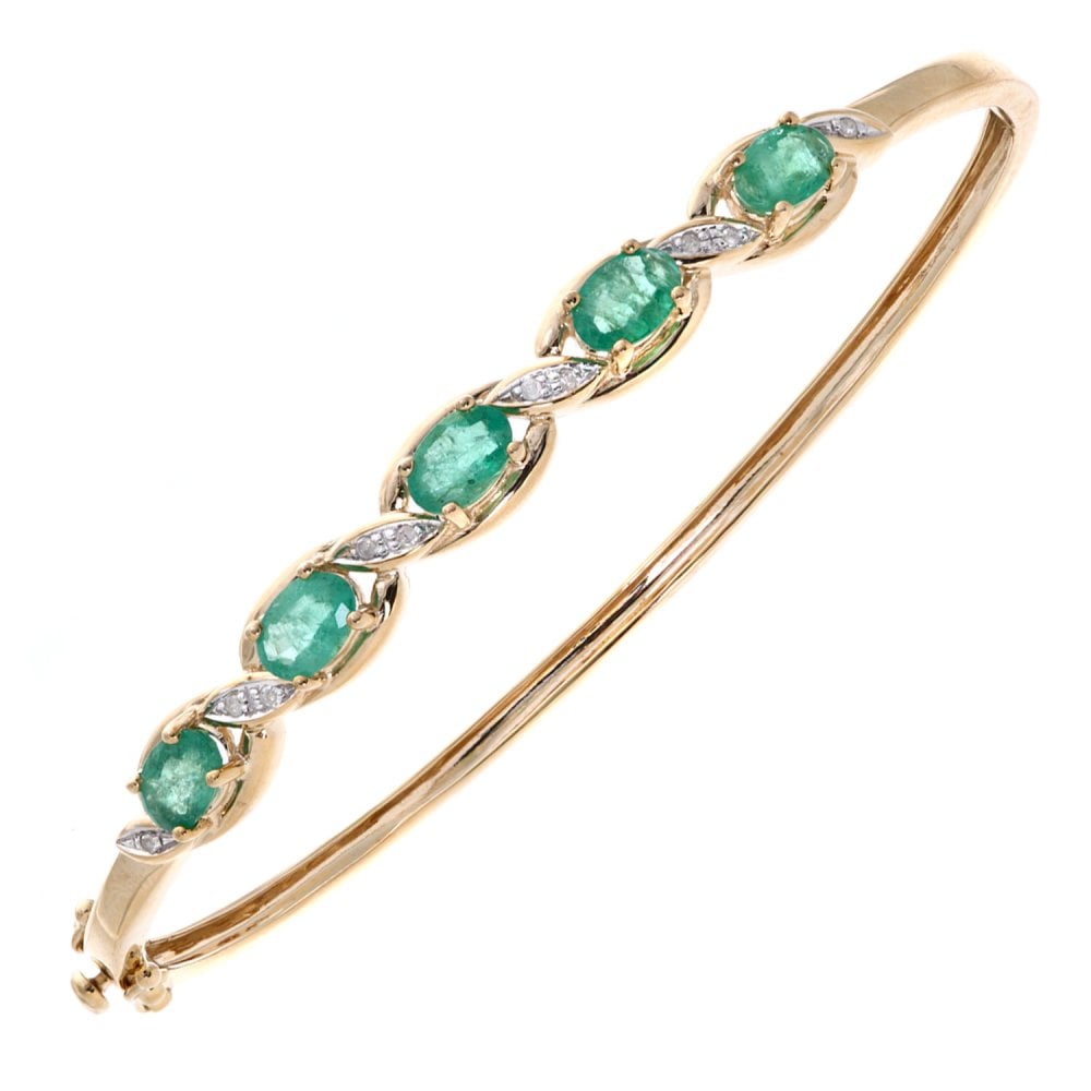 SPARKLD 9ct Yellow Gold Oval Emerald and 0.05ct Diamond Bangle