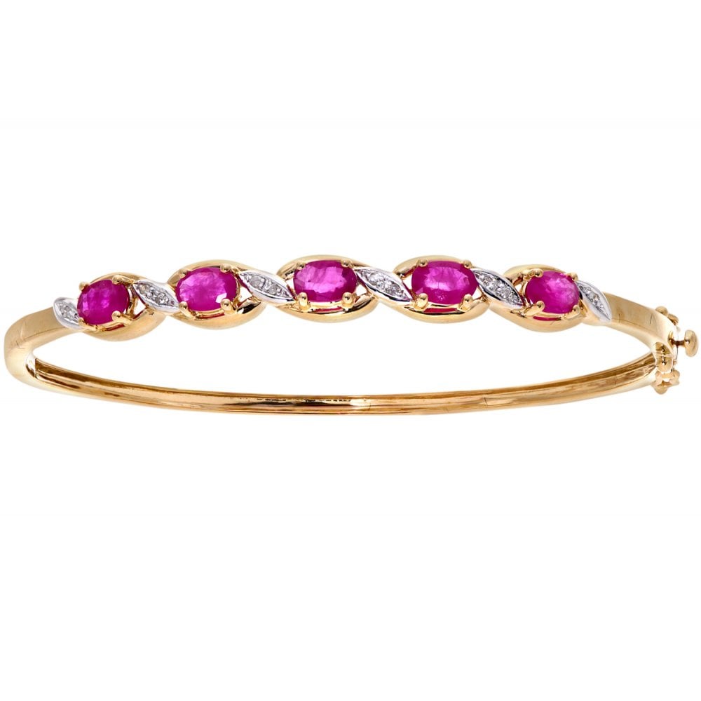 SPARKLD 9ct Yellow Gold Oval Ruby and 0.05ct Diamond Bangle