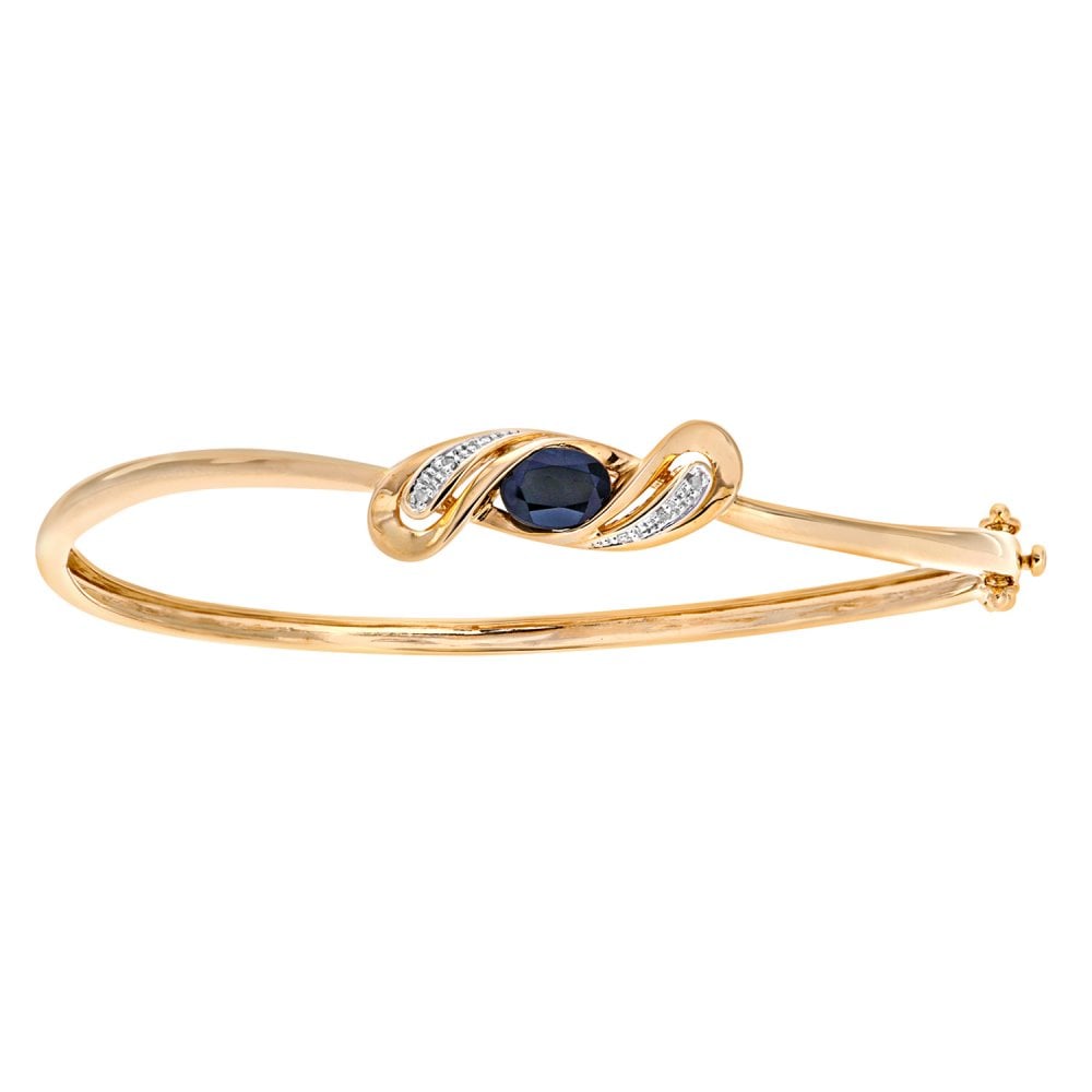 SPARKLD 9ct Yellow Gold Oval Sapphire and 0.02ct Diamond Crossover Bangle
