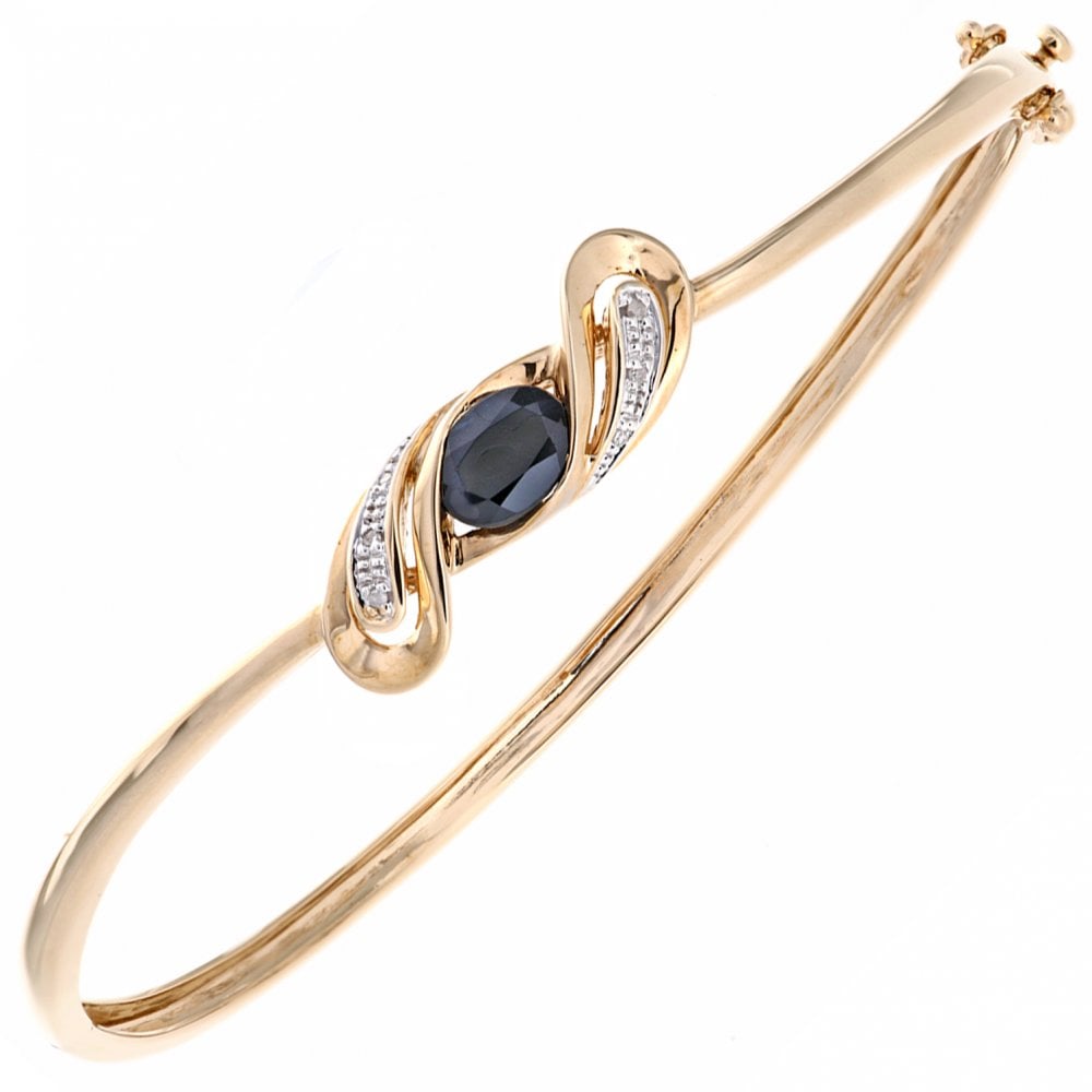SPARKLD 9ct Yellow Gold Oval Sapphire and 0.02ct Diamond Crossover Bangle