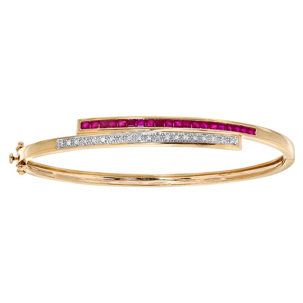 SPARKLD 9ct Yellow Gold Square Ruby and 0.10ct Diamond Crossover Bangle