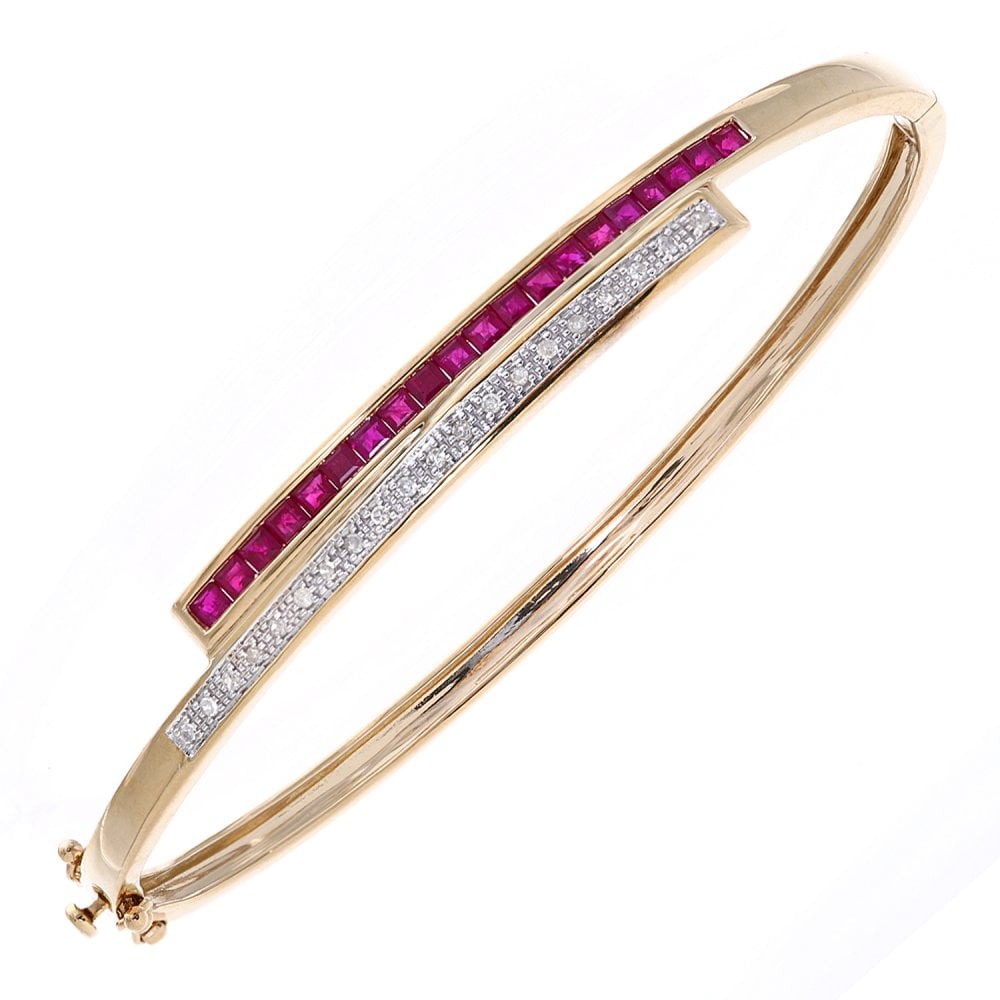 SPARKLD 9ct Yellow Gold Square Ruby and 0.10ct Diamond Crossover Bangle
