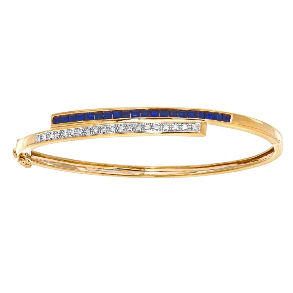 SPARKLD 9ct Yellow Gold Square Sapphire and 0.10ct Diamond Crossover Bangle