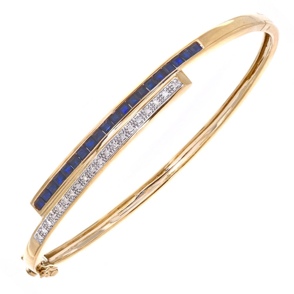 SPARKLD 9ct Yellow Gold Square Sapphire and 0.10ct Diamond Crossover Bangle