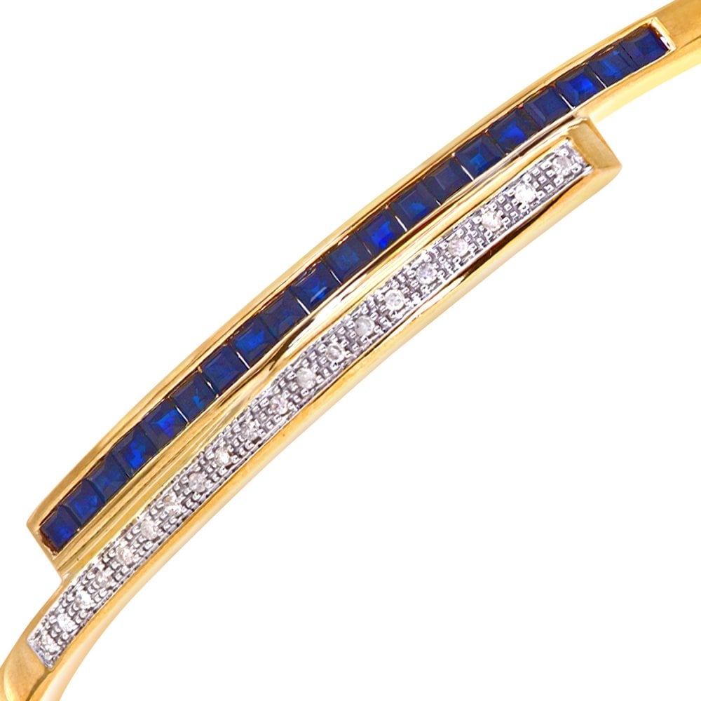 SPARKLD 9ct Yellow Gold Square Sapphire and 0.10ct Diamond Crossover Bangle