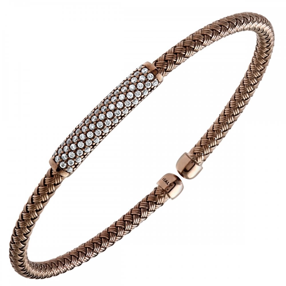 SPARKLD Rhodium and Chocolate Gold Plated Silver Cuff Weave Bangle with CZ Bar of Diameter 65 mm