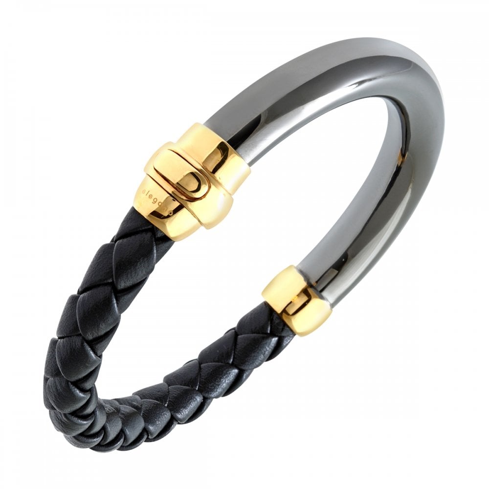 SPARKLD Ruthenium and Gold Plated Sterling Silver Half Black Leather Rope Bangle of Diameter 65mmct