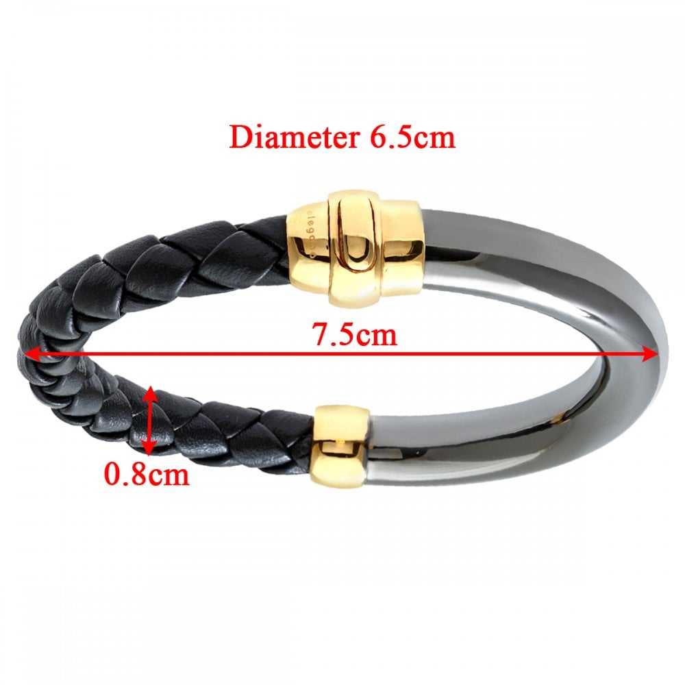 SPARKLD Ruthenium and Gold Plated Sterling Silver Half Black Leather Rope Bangle of Diameter 65mmct