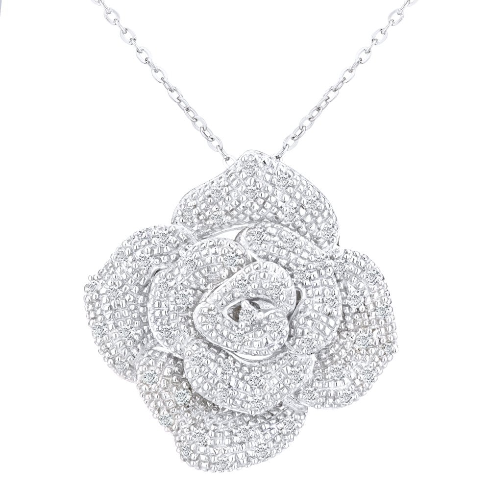 SPARKLD 9ct White Gold 0.25ct Diamond Flower Pendant Necklace