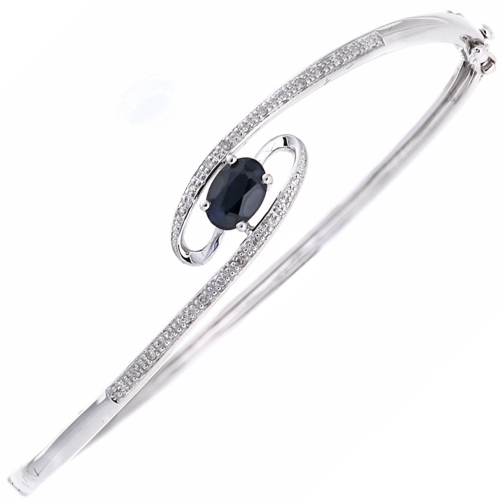 SPARKLD 9ct White Gold 0.10ct Diamond and Sapphire Crossover Bangle