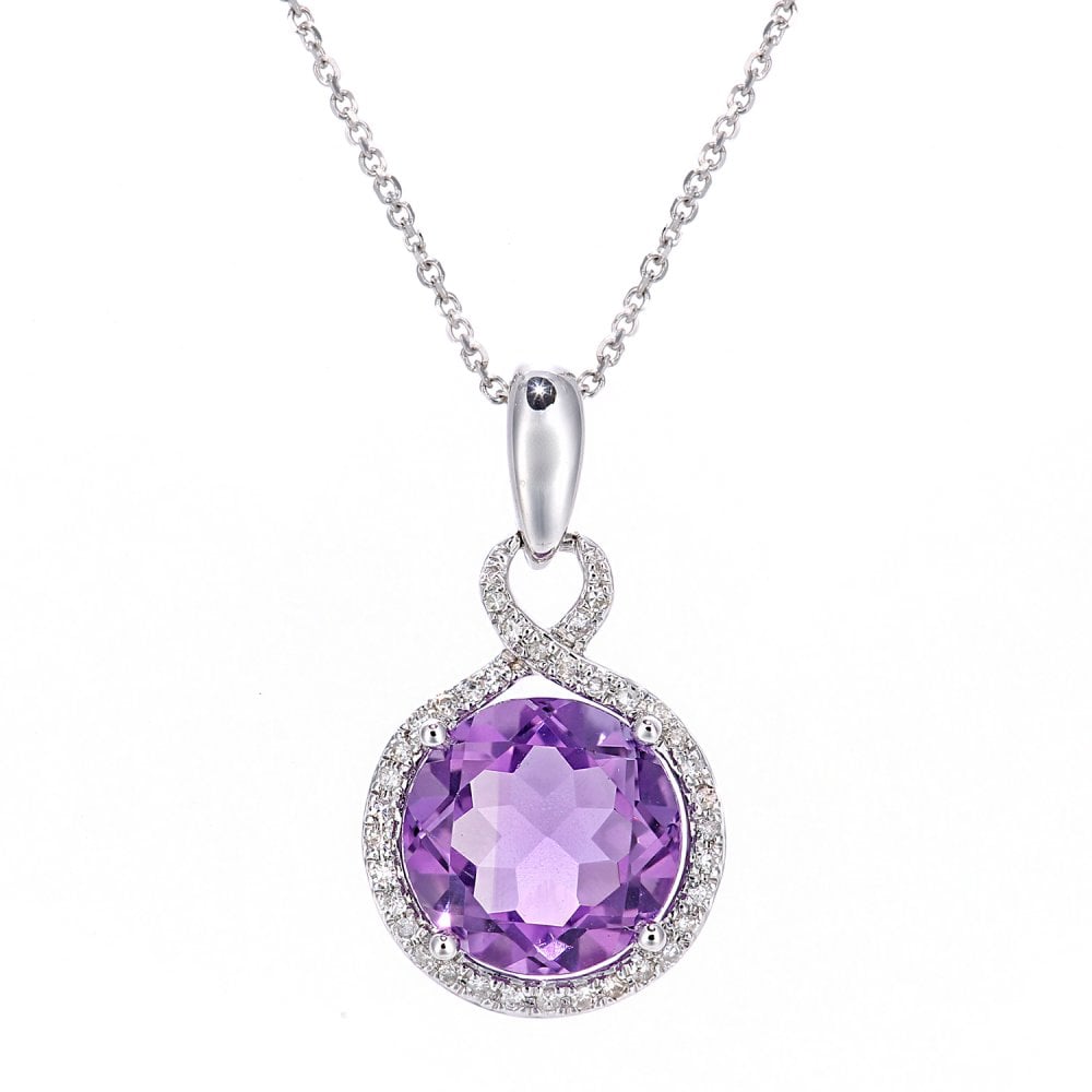 SPARKLD 9ct White Gold Amethyst and 0.08ct Diamond Drop Pendant Necklace