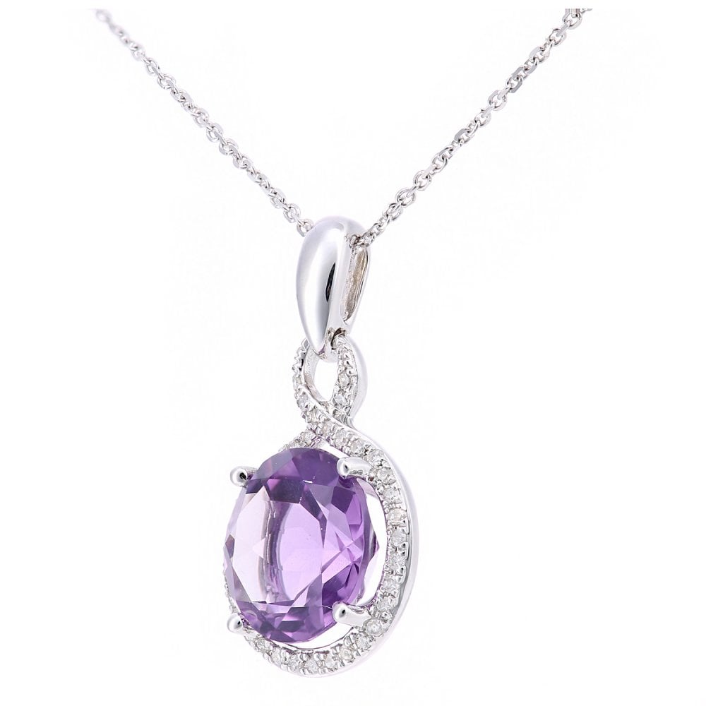 SPARKLD 9ct White Gold Amethyst and 0.08ct Diamond Drop Pendant Necklace