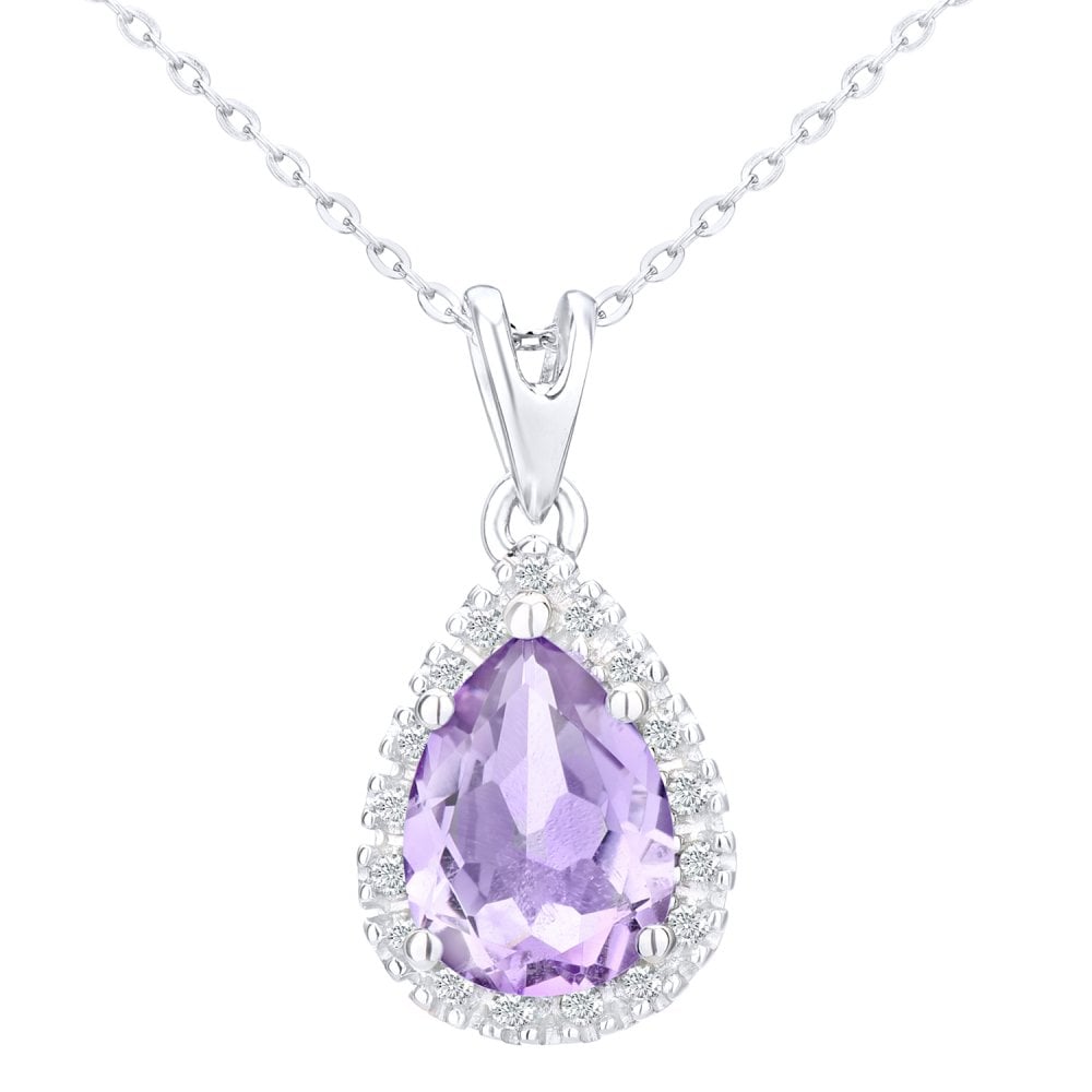 SPARKLD 9ct White Gold Amethyst Teardrop 0.07ct Diamond Halo Pendant Necklace