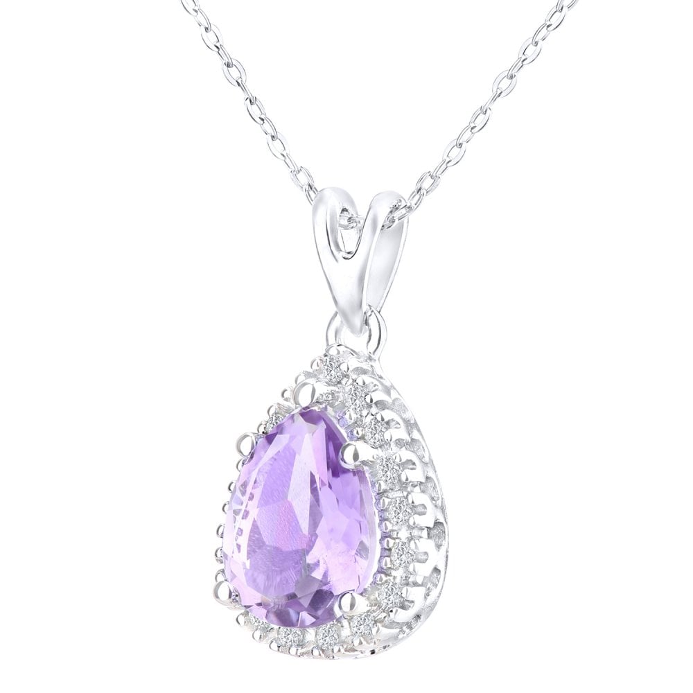 SPARKLD 9ct White Gold Amethyst Teardrop 0.07ct Diamond Halo Pendant Necklace