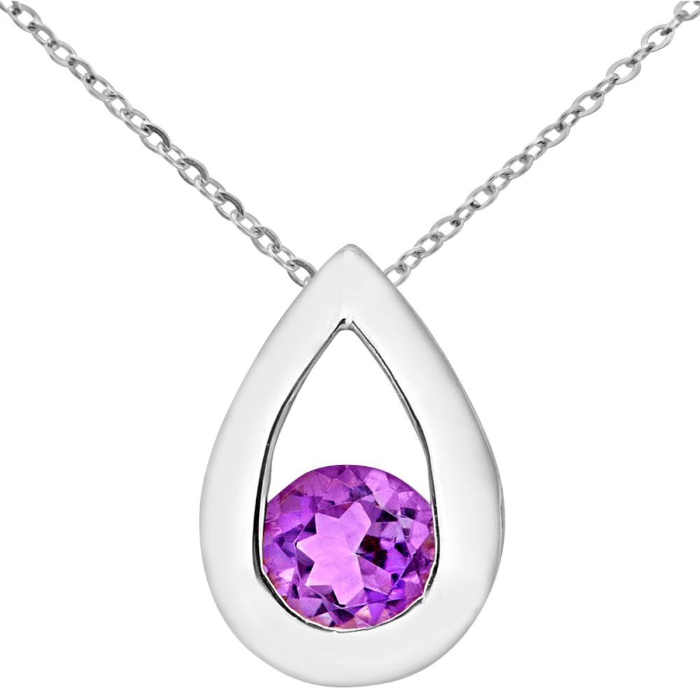 SPARKLD 9ct White Gold Amethyst Teardrop Pendant Necklace
