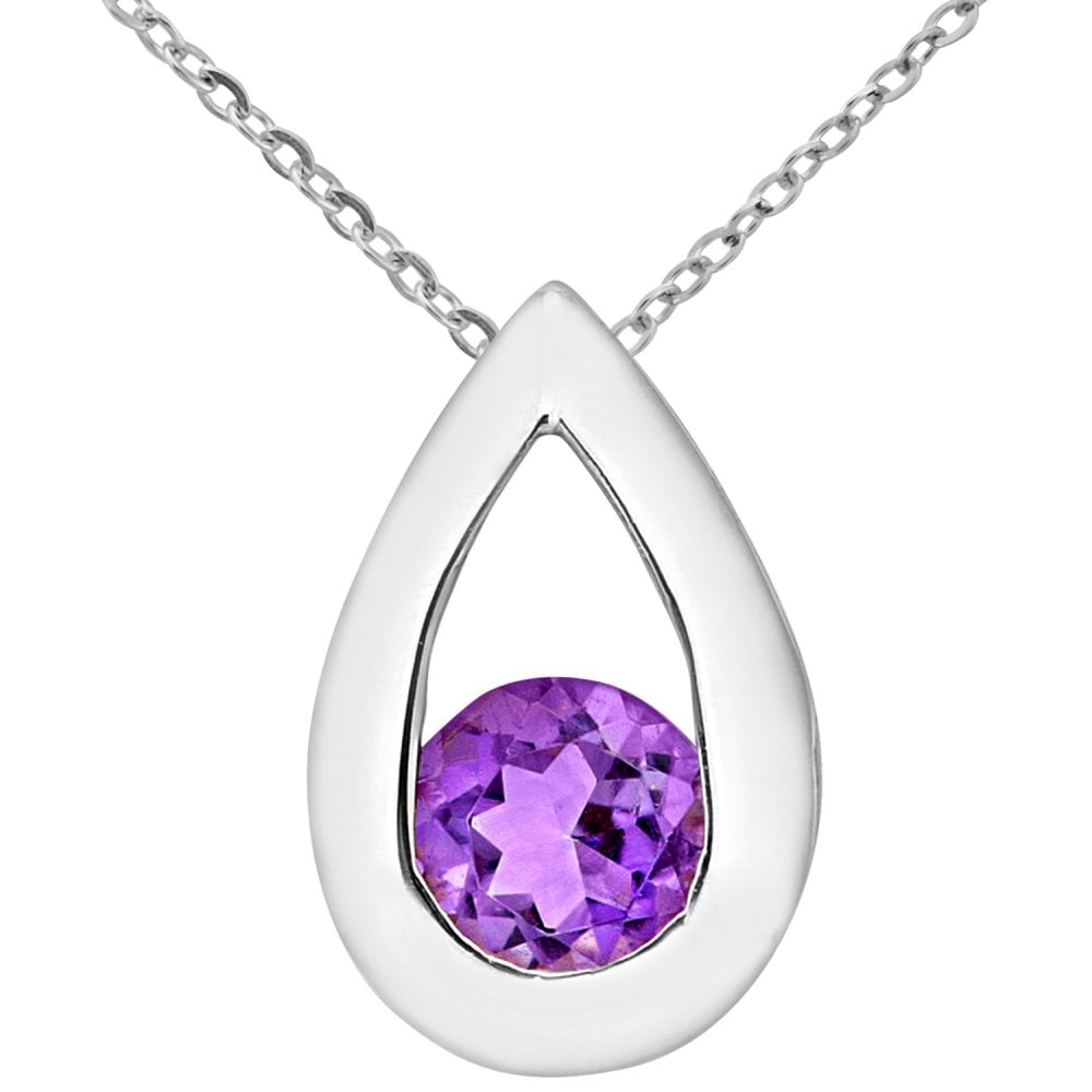 SPARKLD 9ct White Gold Amethyst Teardrop Pendant Necklace