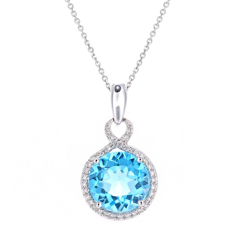 SPARKLD 9ct White Gold Blue Topaz and 0.08ct Diamond Drop Pendant Necklace