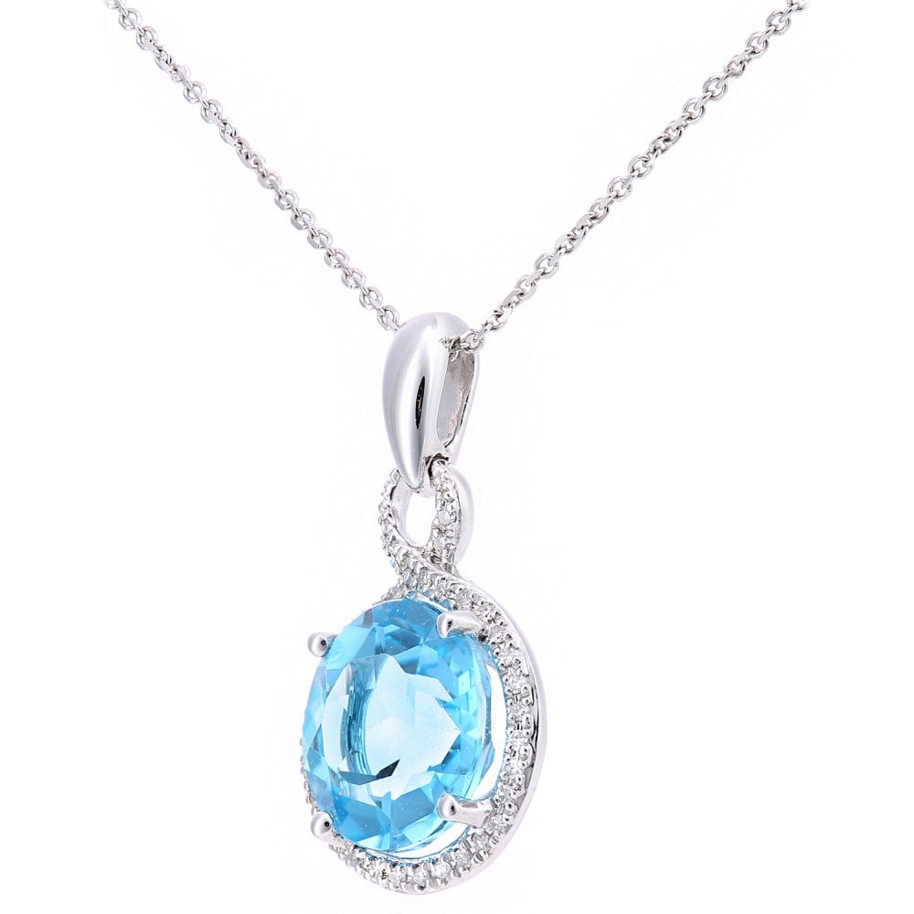 SPARKLD 9ct White Gold Blue Topaz and 0.08ct Diamond Drop Pendant Necklace