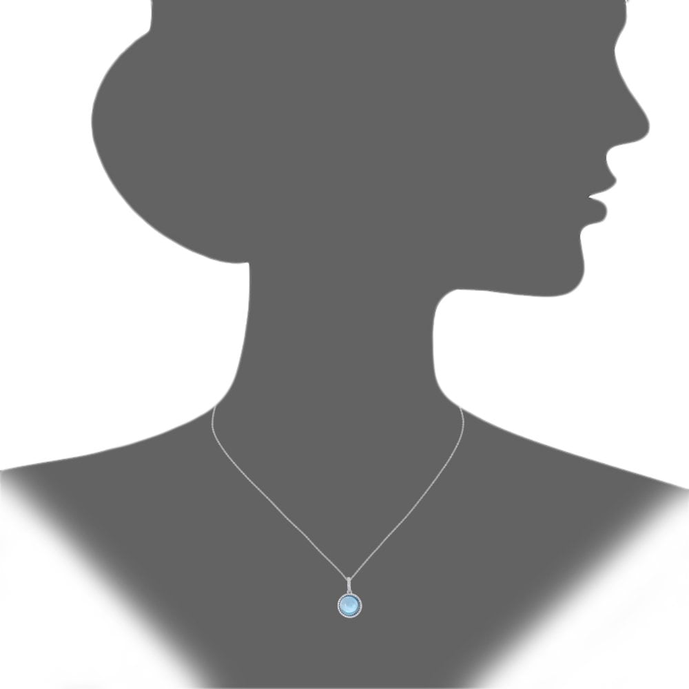 SPARKLD 9ct White Gold Blue Topaz and 0.12ct Diamond Halo Pendant Necklace