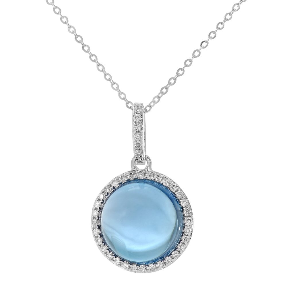 SPARKLD 9ct White Gold Blue Topaz and 0.12ct Diamond Halo Pendant Necklace