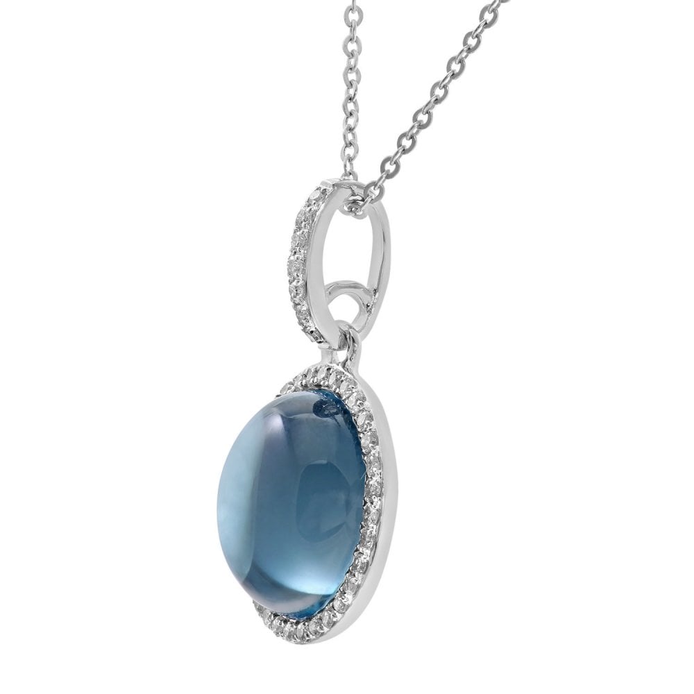 SPARKLD 9ct White Gold Blue Topaz and 0.12ct Diamond Halo Pendant Necklace