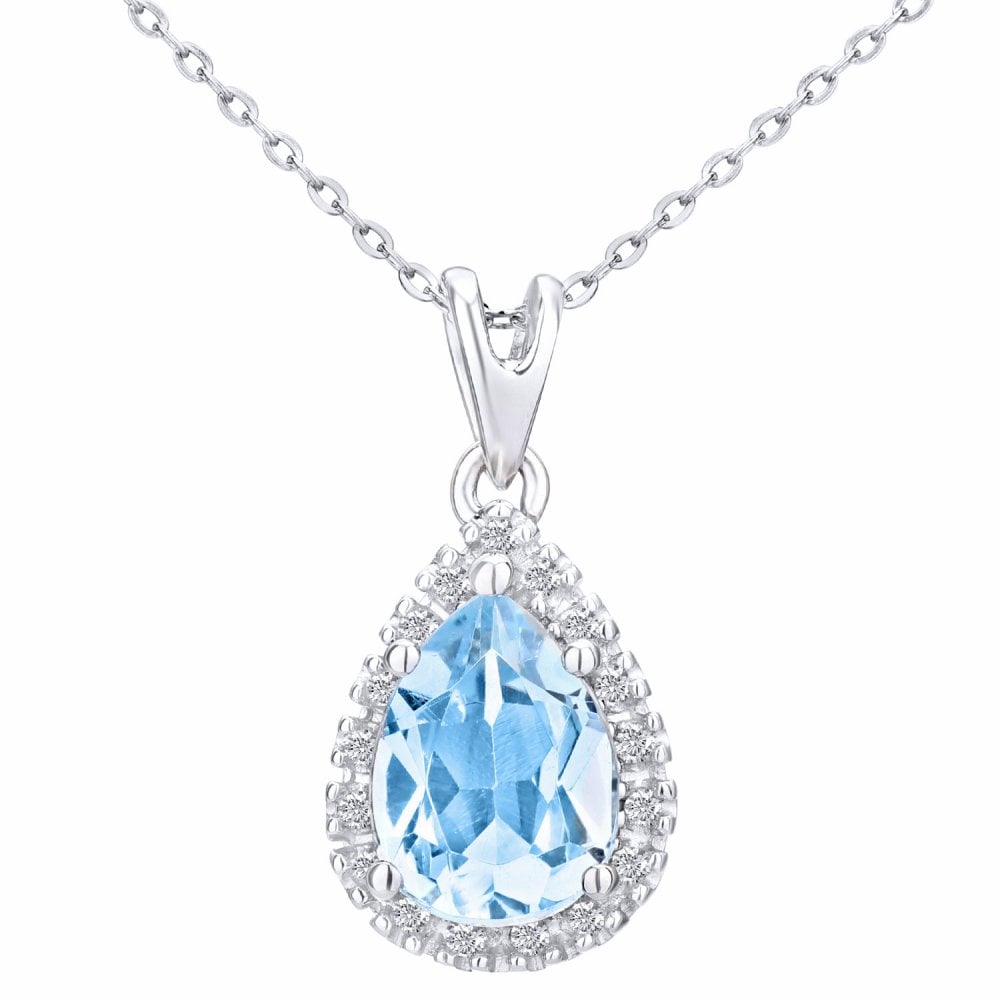 SPARKLD 9ct White Gold Blue Topaz Teardrop 0.07ct Diamond Halo Pendant Necklace
