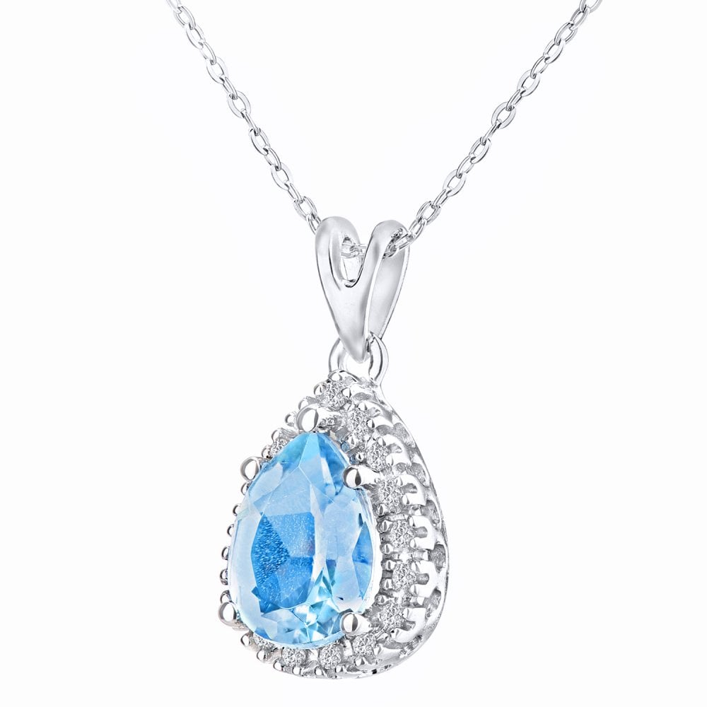 SPARKLD 9ct White Gold Blue Topaz Teardrop 0.07ct Diamond Halo Pendant Necklace