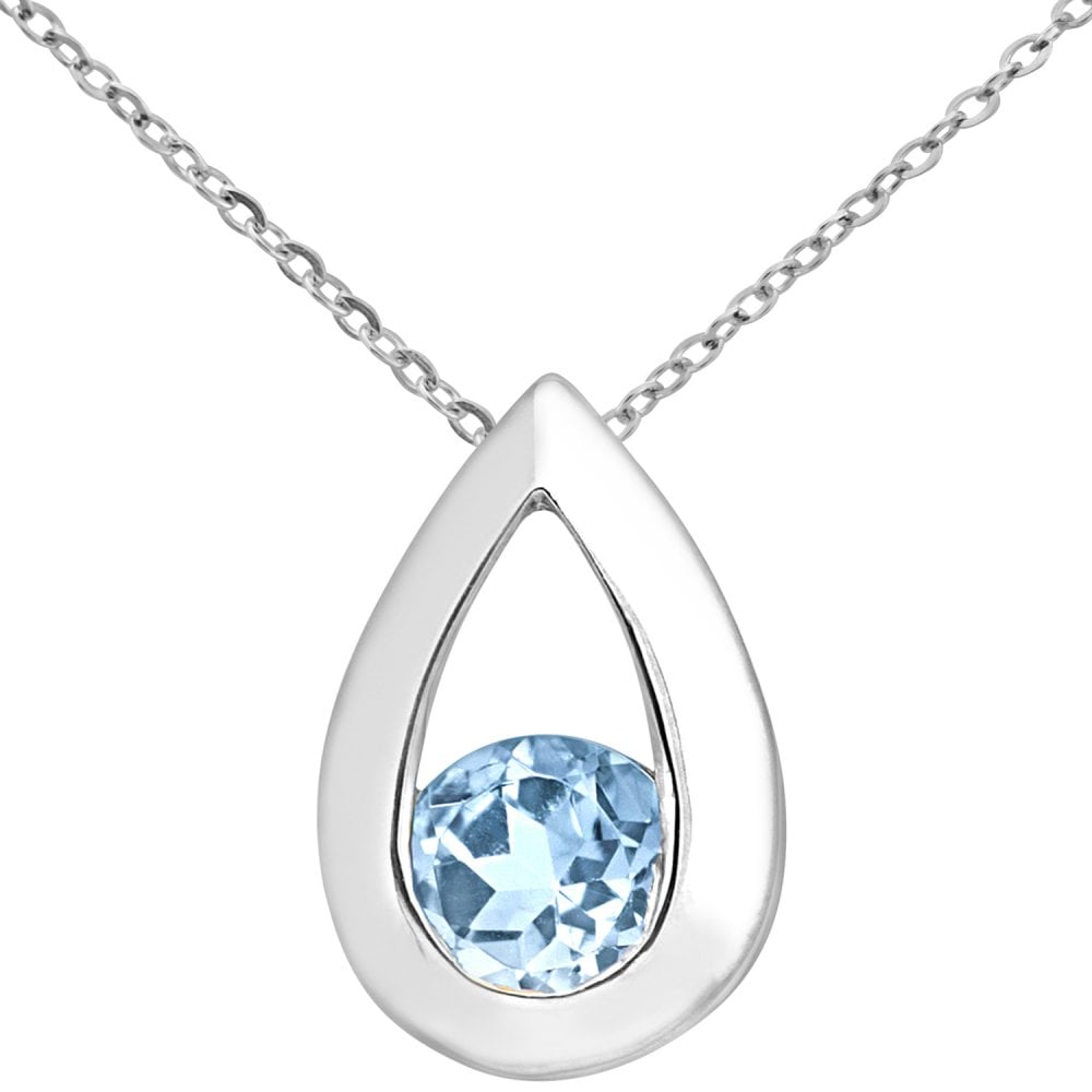 SPARKLD 9ct White Gold Blue Topaz Teardrop Pendant Necklace