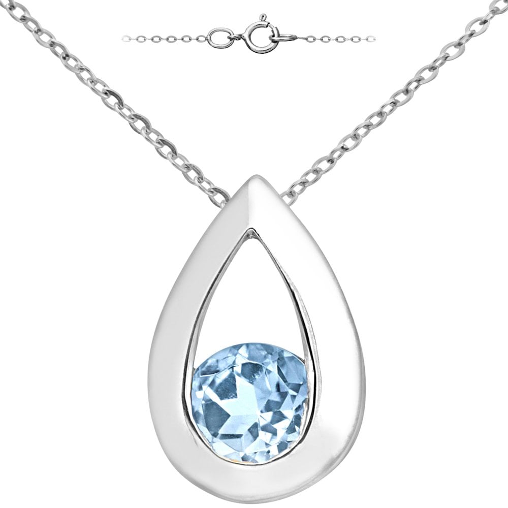 SPARKLD 9ct White Gold Blue Topaz Teardrop Pendant Necklace