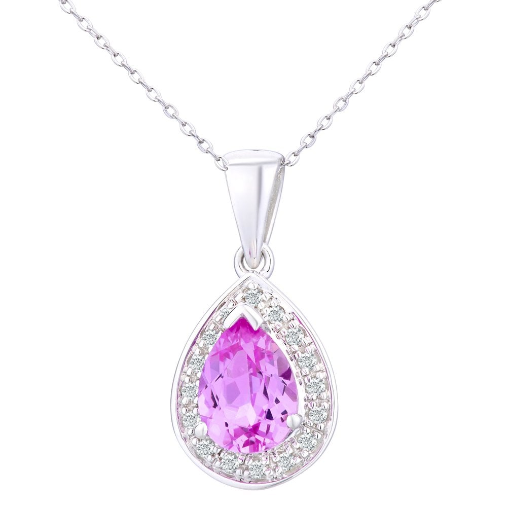 SPARKLD 9ct White Gold Created Pink Sapphire and 0.10ct Diamond Teardrop Pendant Necklace