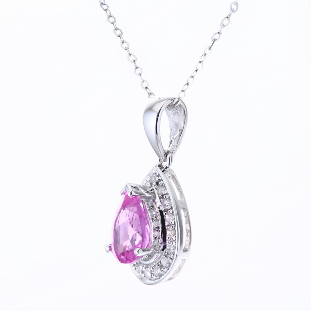 SPARKLD 9ct White Gold Created Pink Sapphire and 0.10ct Diamond Teardrop Pendant Necklace